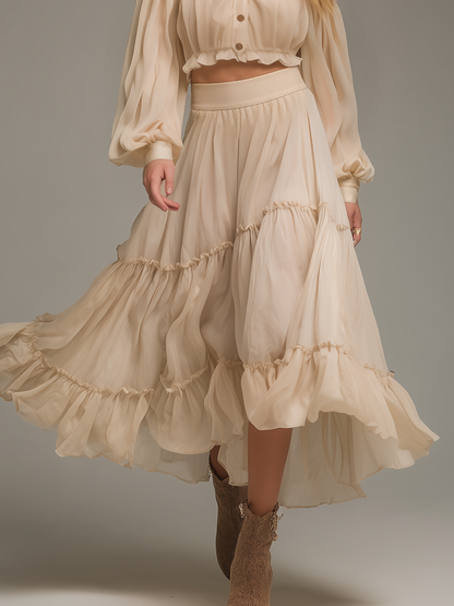 Elegant Stylish Long Sleeve Chiffon Blouse And Ruffled Skirt Set