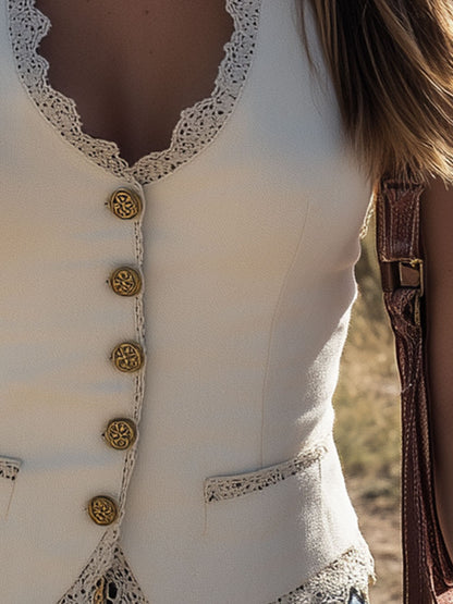 Western-style Retro Lace-trimmed White Faux Suede Sleeveless Vest
