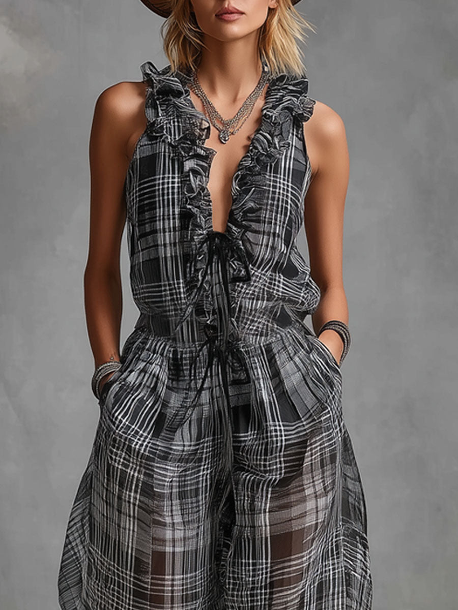 Ruffled V-neck Tie-waist Checkered Print Chiffon Sleeveless Jumpsuit
