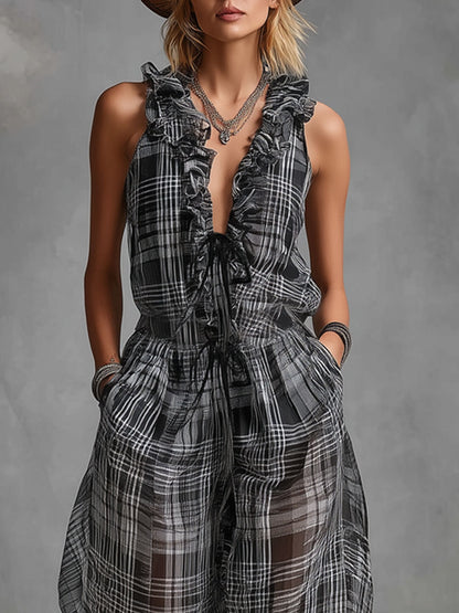 Ruffled V-neck Tie-waist Checkered Print Chiffon Sleeveless Jumpsuit