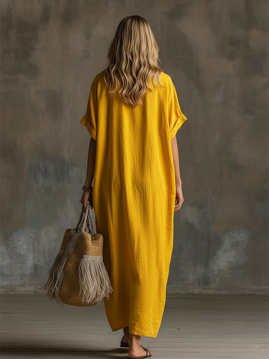 Elegant And Exquisite Embroidered Yellow Cotton And Linen Short-sleeved Maxi Dress