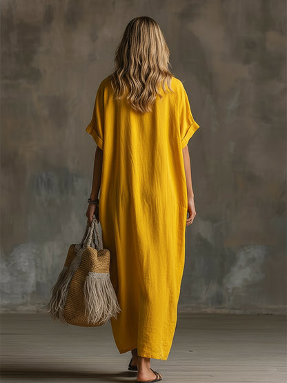 Elegant And Exquisite Embroidered Yellow Cotton And Linen Short-sleeved Maxi Dress
