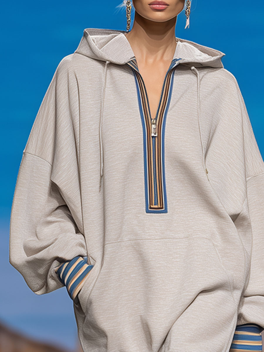 Fashionable Retro Ribbed Half-zip Light Gray Hooded Sweatshirt Mini Dress