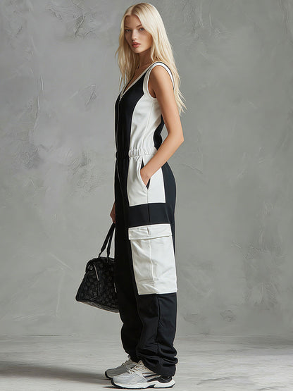 Casual Retro Sporty Black And White Color-blocked V-neck Half-zip Jumpsuit