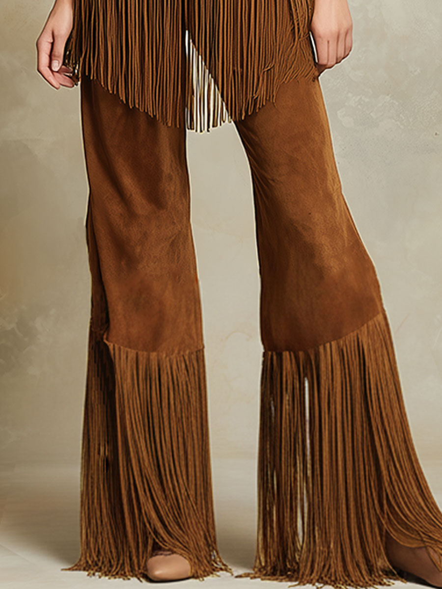 Western Retro Tassel Brown Faux Suede Short-sleeved Top And Pants Set