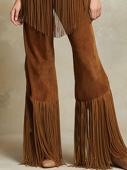 Western Retro Tassel Brown Faux Suede Short-sleeved Top And Pants Set
