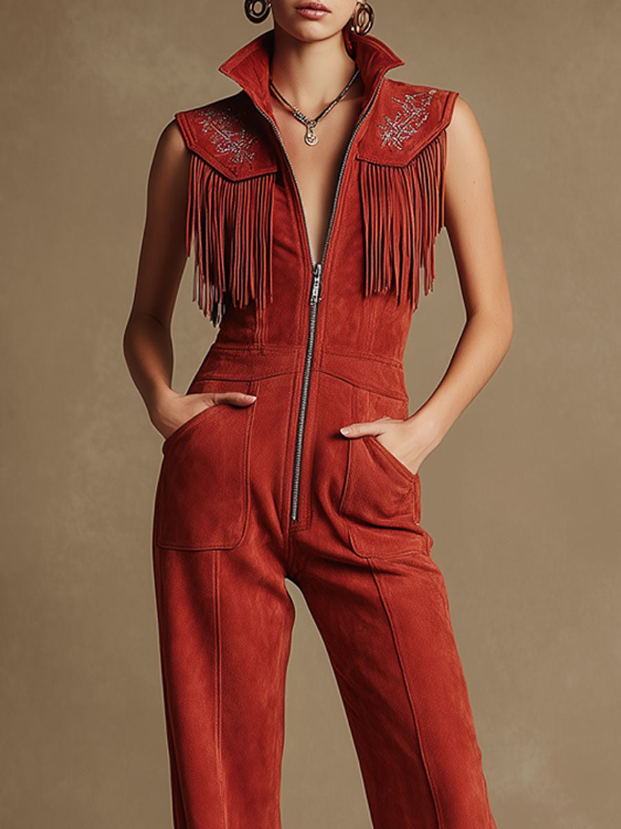 Western-style Retro Embroidered Tassel Red Faux Suede Sleeveless Jumpsuit