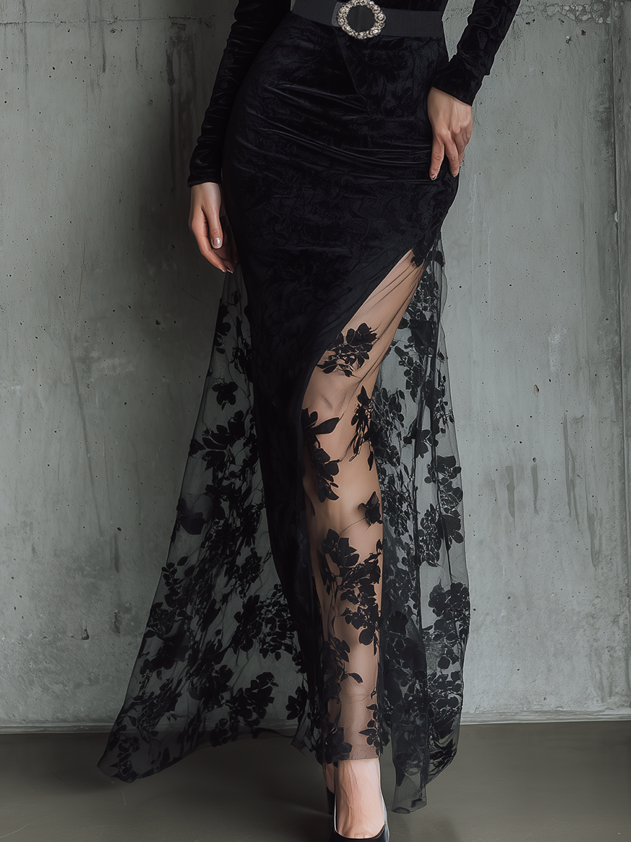 Elegant Party Black Velvet Slit Patchwork Lace Maxi Dress