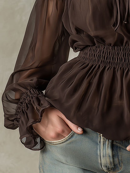 Fashionable Retro Ruffled Brown Off-shoulder Chiffon Blouse