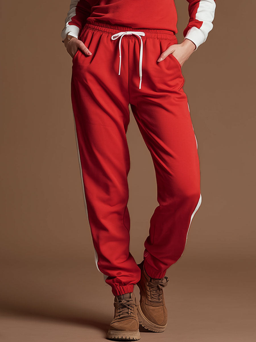 Retro-style Red And White Cotton Blend Long-sleeved Sweatshirt And Pants Set