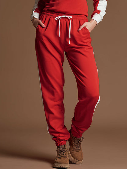 Retro-style Red And White Cotton Blend Long-sleeved Sweatshirt And Pants Set