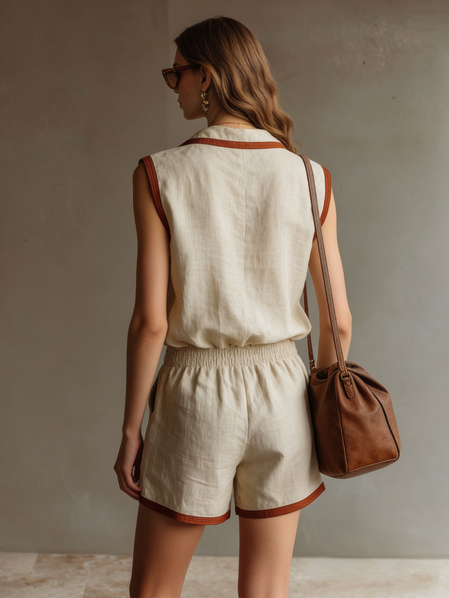 Casual Retro Brown-trimmed Beige Cotton Linen Sleeveless Shirt And Shorts Set