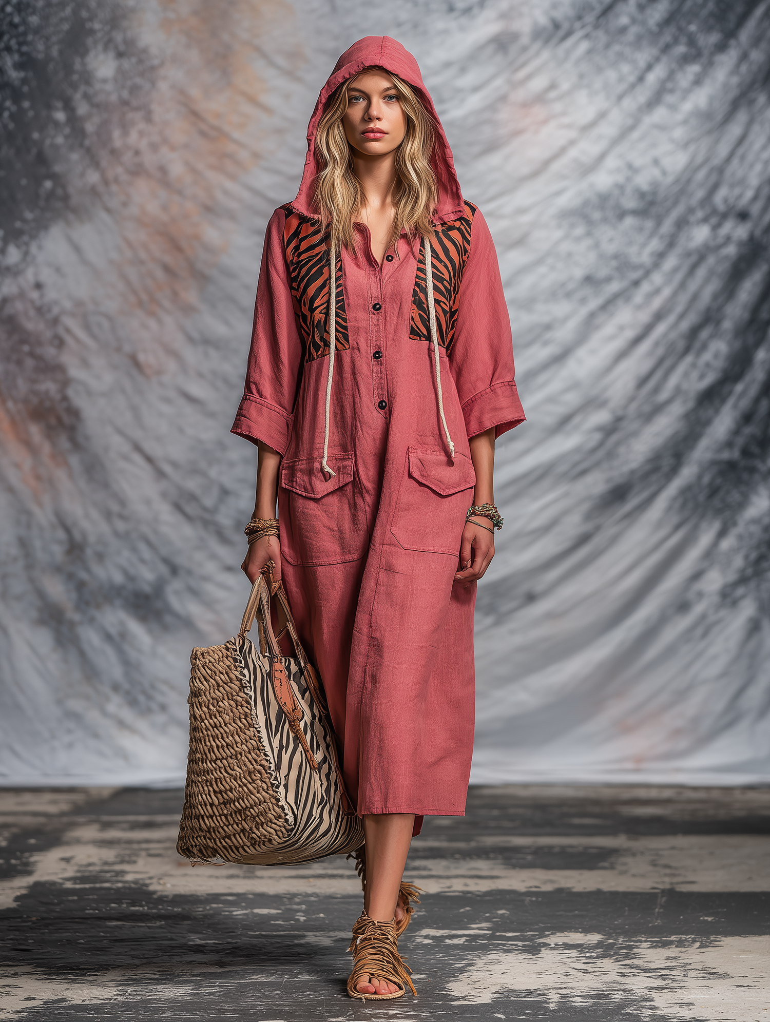 Western-style Pink Linen Button-down Hooded With Partial Zebra Print Midi Dress