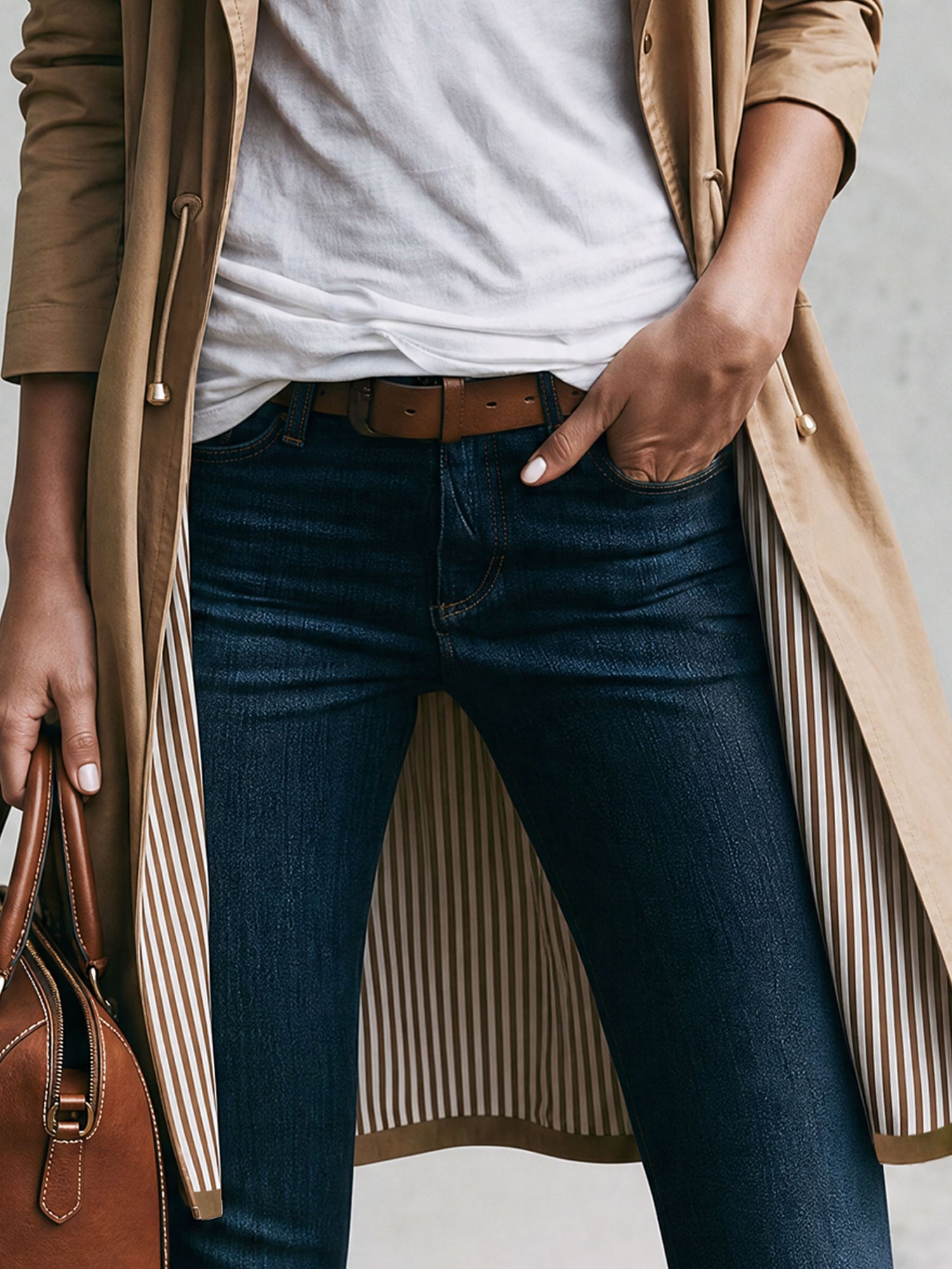 Casual Retro Striped Khaki Mid-length Trench Coat