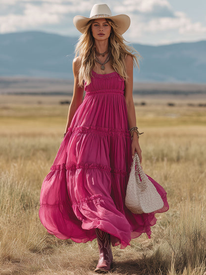 Western Retro Rose Red Chiffon Ruffled Sleeveless Maxi Dress