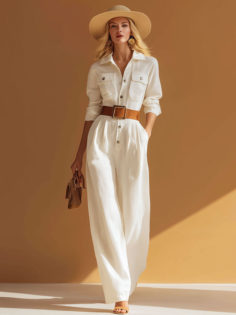Stylish And Casual Lapel Collar Button-up White Cotton And Linen Jumpsuit