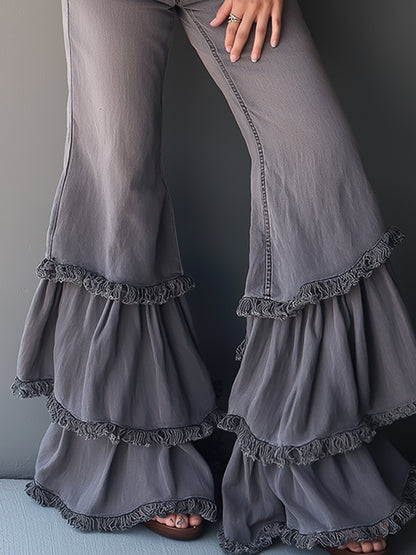Retro Romantic Gray Frayed Ruffle Flared Jeans
