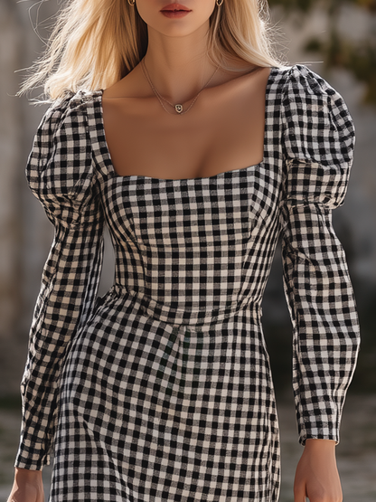 Retro Square Neck Long-sleeved Plaid Midi Dress