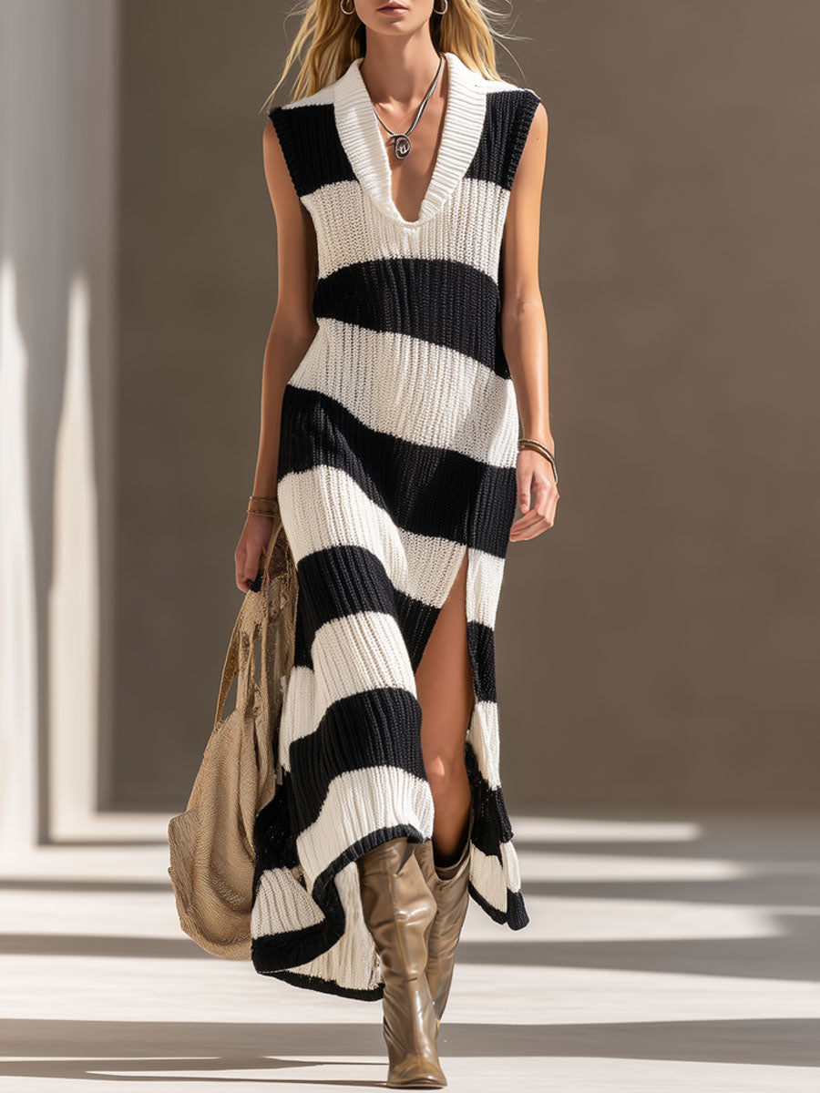 V-neck Black And White Striped Slit Knit Sleeveless Maxi Dress