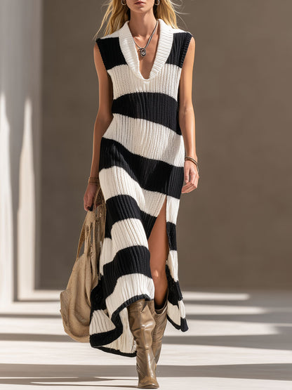 V-neck Black And White Striped Slit Knit Sleeveless Maxi Dress