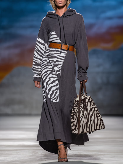 Stylish Grey Patchwork Zebra Print Hooded Maxi Dress