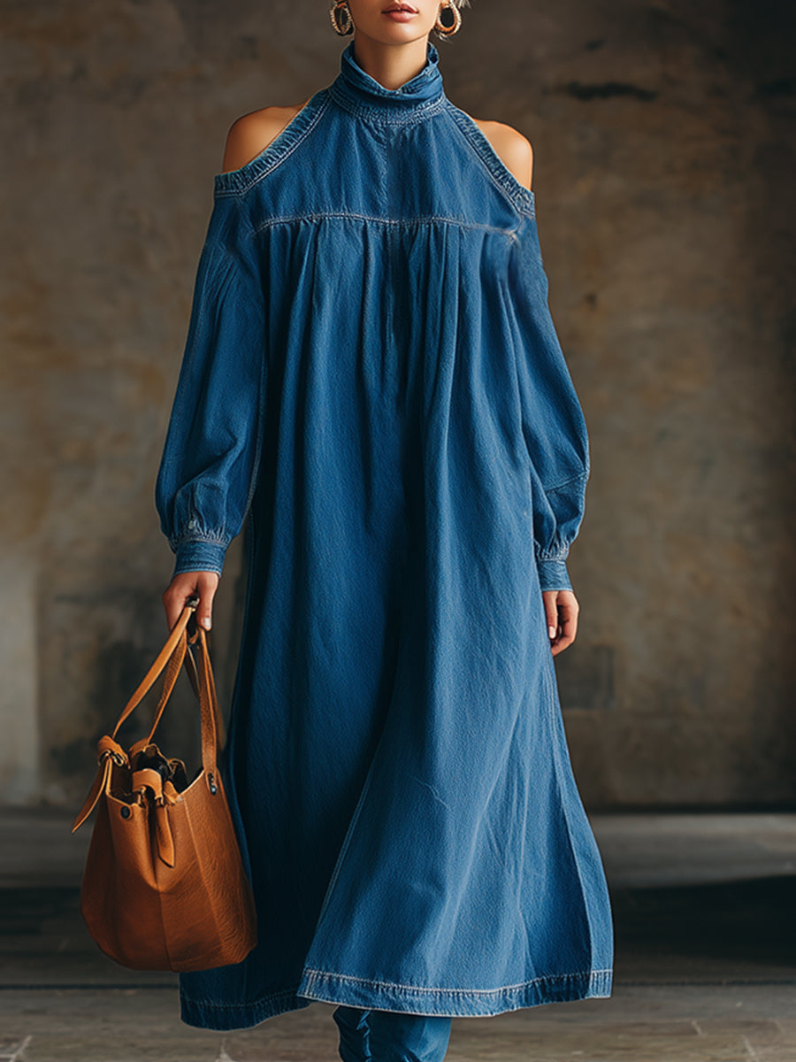 Chic Urban Silhouette Blue Denim Off-shoulder Long-sleeved Maxi Dress