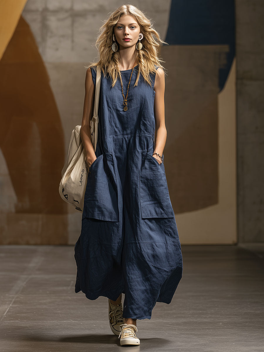 Casual Retro Navy Blue Cotton Linen Sleeveless Maxi Dress