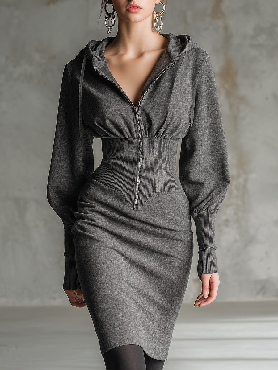 Stylish Gray Hooded Sweatshirt With Zippered Waist And Elasticated Hem Paired With A Midi Dress