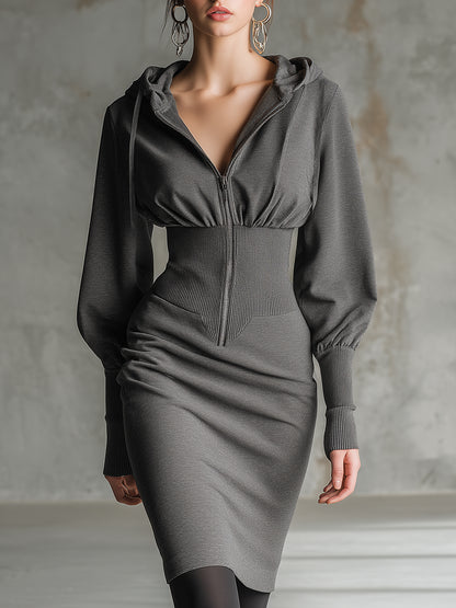 Stylish Gray Hooded Sweatshirt With Zippered Waist And Elasticated Hem Paired With A Midi Dress