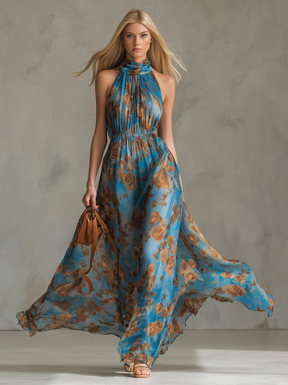 Floral Print High-neck Sleeveless Chiffon Maxi Dress
