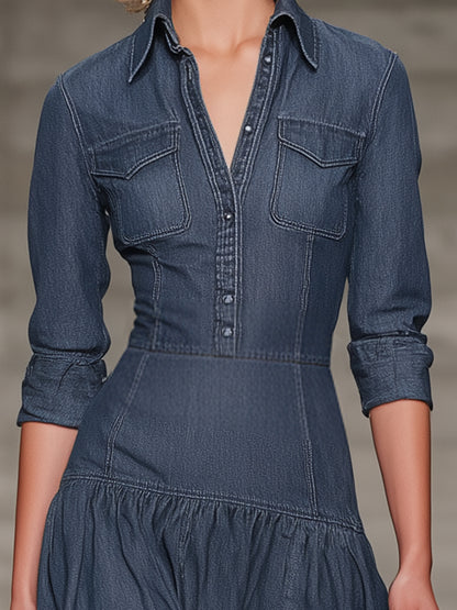 Stylish Blue Denim Button-down Long-sleeved Midi Dress