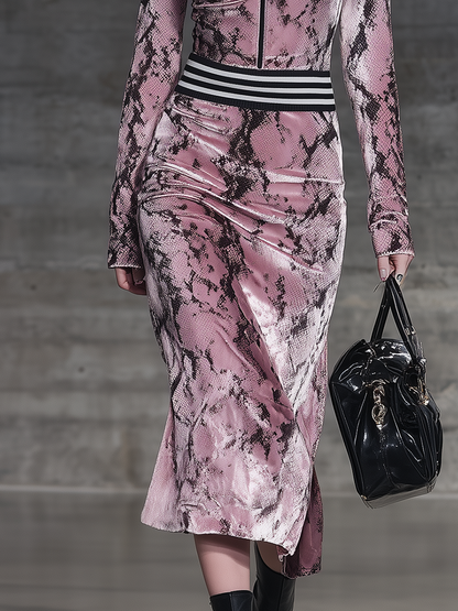 Retro Western-style Snakeskin Print Pink Velvet Midi Dress