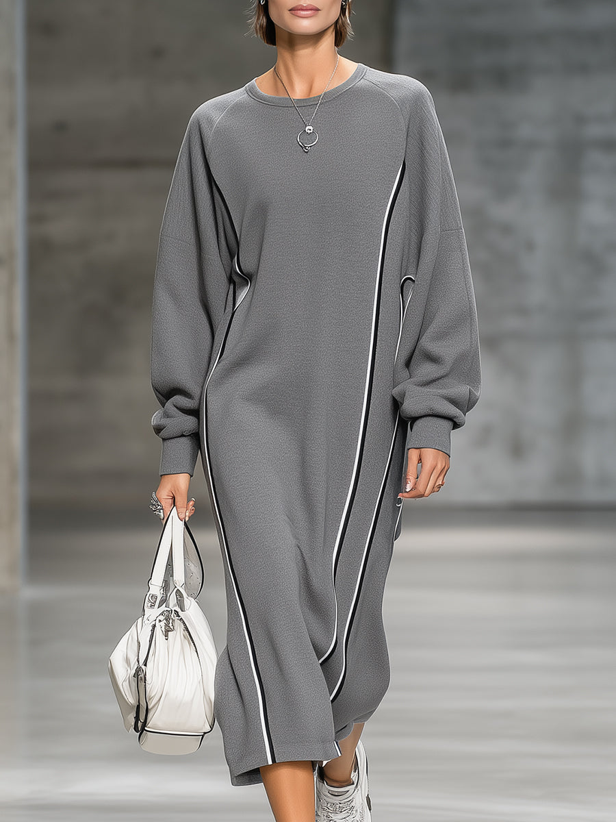 Fashionable Sporty Grey Crew Neck Patchwork Webbing Sweatshirt Midi Dress
