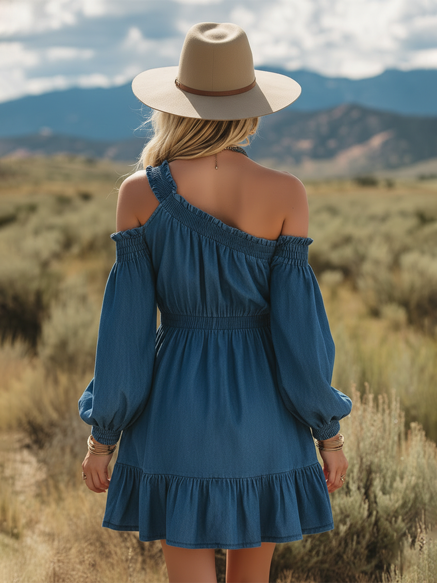 Vintage Single-shoulder Long-sleeved Ruffled Denim Mini Dress