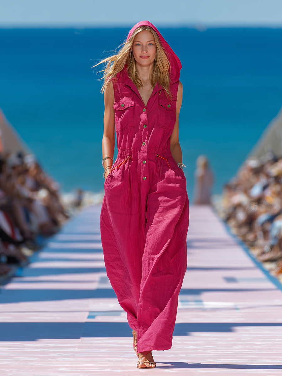Loose And Stylish Hooded Wide-leg Cotton Sleeveless Jumpsuit