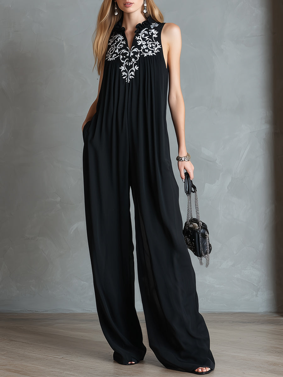 Elegant Embroidered Front-zip Black Chiffon Loose Sleeveless Jumpsuit
