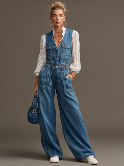 Fashionable Retro Blue Denim Elastic Waist Sleeveless Wide-leg Jumpsuit