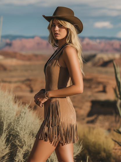 Retro Western Style V-neck Embroidered Fringed Faux Suede Mini Dress