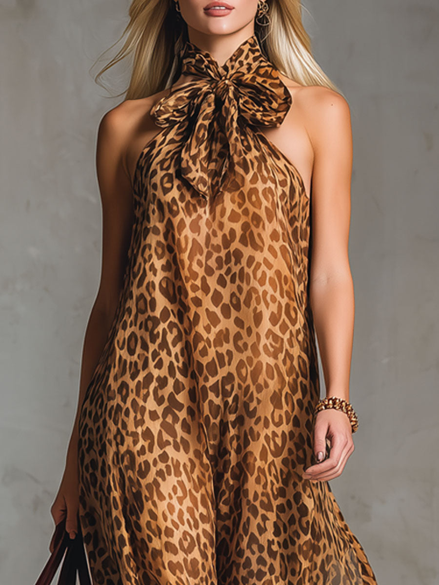 Leopard Print Bow-tie Strap Chiffon Sleeveless Maxi Dress