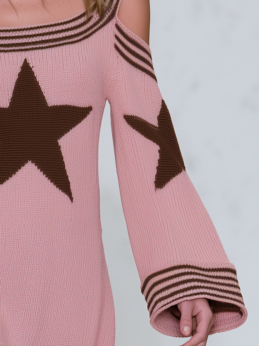 Retro-chic Off-the-shoulder Knit Dress With A Star Motif