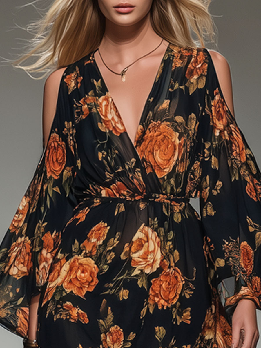 Floral Print V-neck Off-the-shoulder Chiffon Long-sleeved Mini Dress