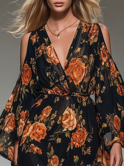 Floral Print V-neck Off-the-shoulder Chiffon Long-sleeved Mini Dress