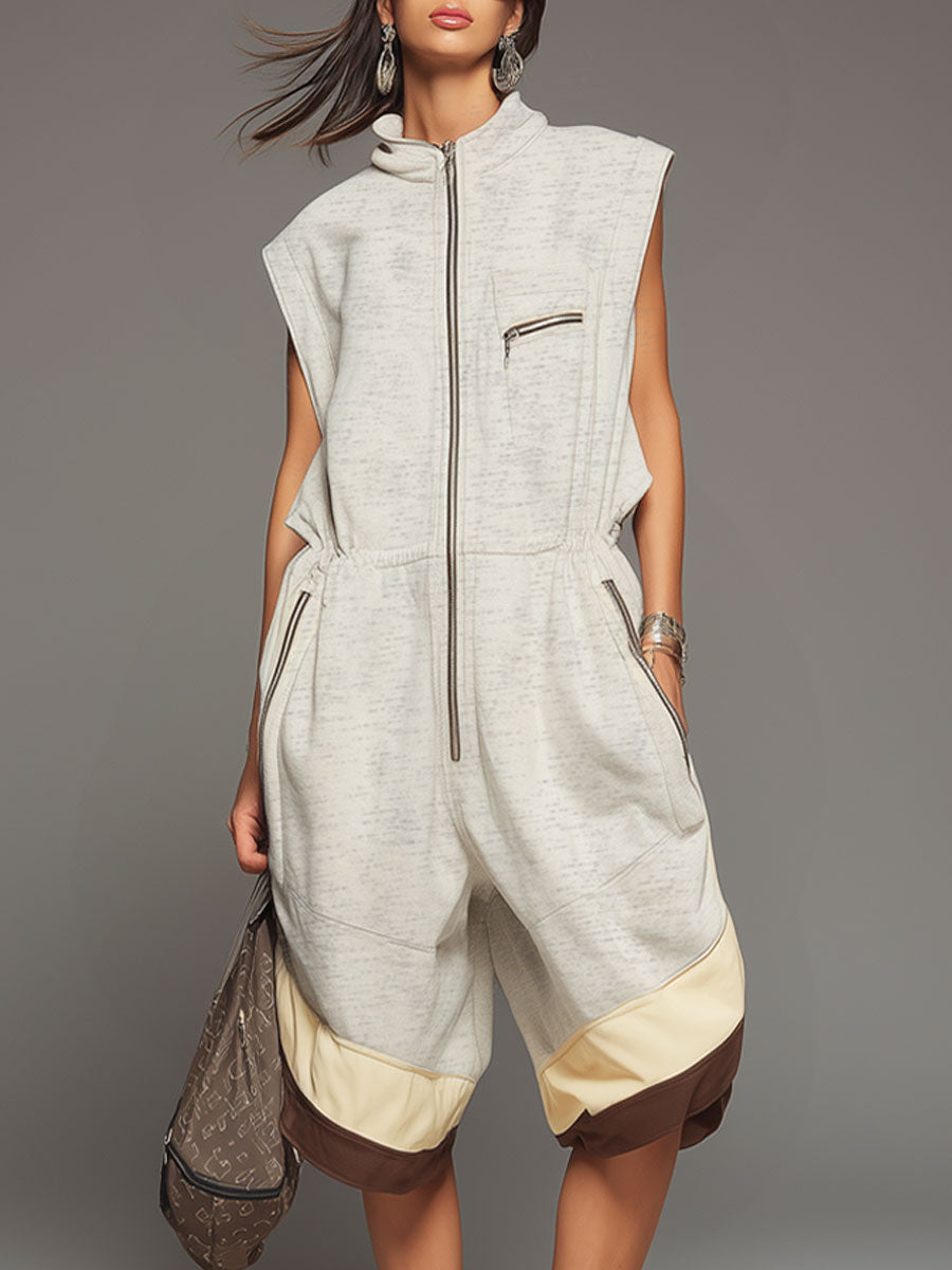 Sporty Retro Gray-white Cutout Sleeveless Shorts Jumpsuit