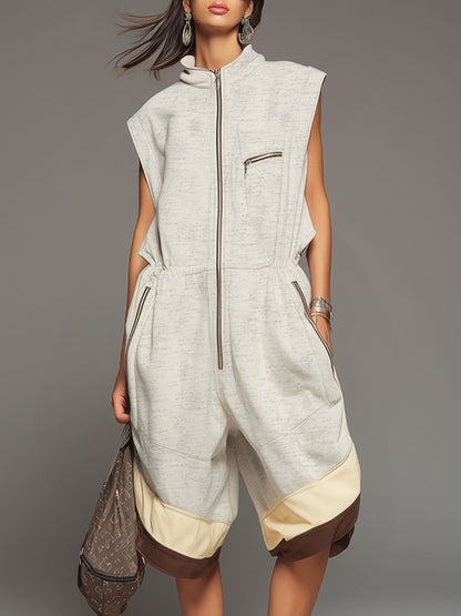 Sporty Retro Gray-white Cutout Sleeveless Shorts Jumpsuit