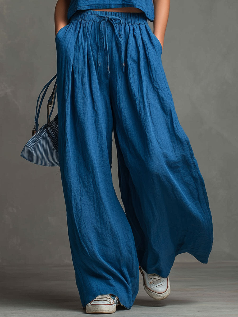 Casual And Stylish Blue Cotton Linen Camisole And Pants Set