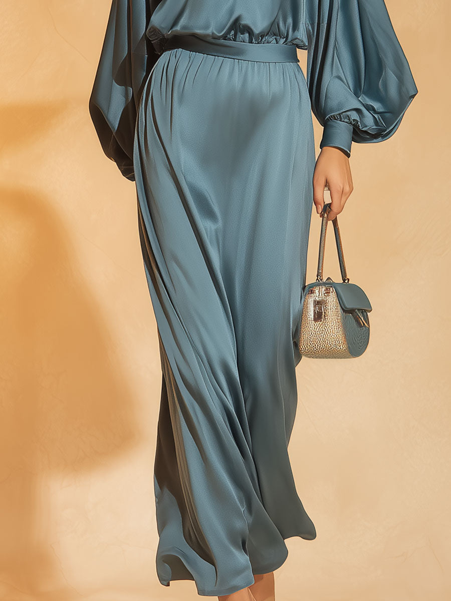 Stylish And Elegant Blue Satin Top And Skirt Set