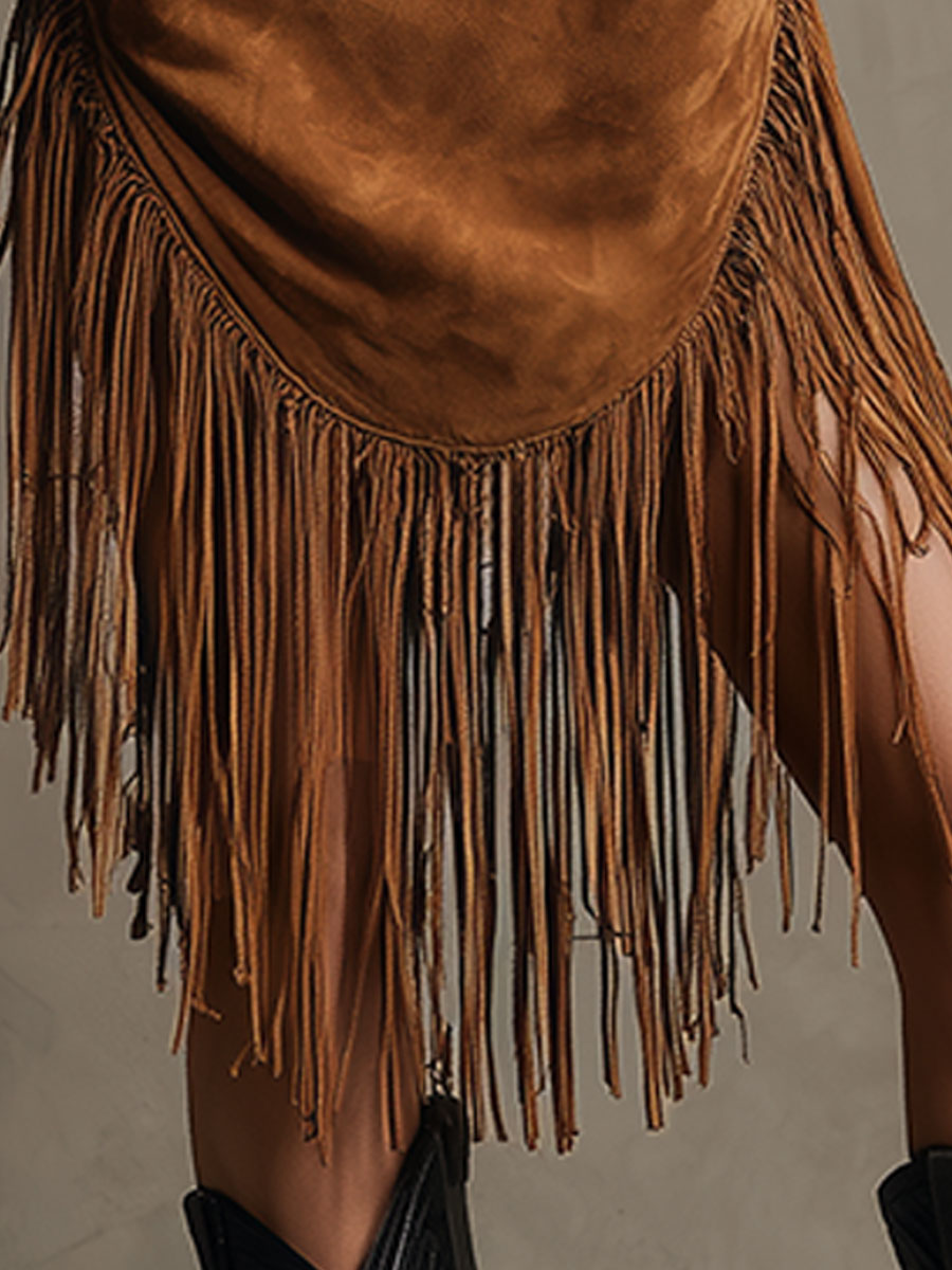 Western Retro Tassel Caramel Brown Round Neck Sleeveless Midi Dress