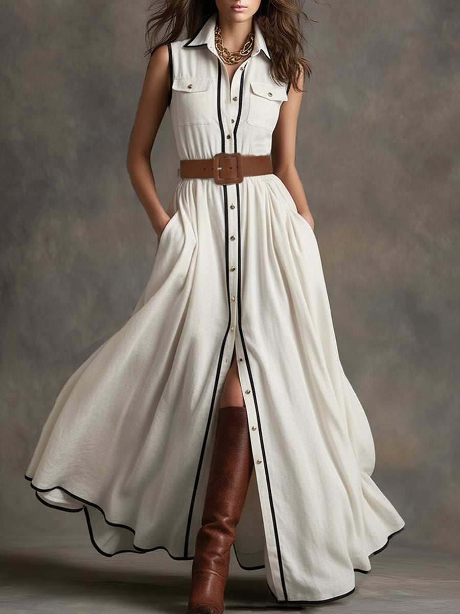 Vintage-style Piped White Cotton And Linen Collared Sleeveless Maxi Dress