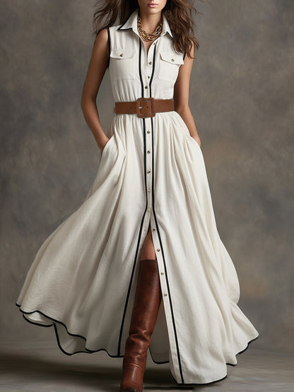 Vintage-style Piped White Cotton And Linen Collared Sleeveless Maxi Dress