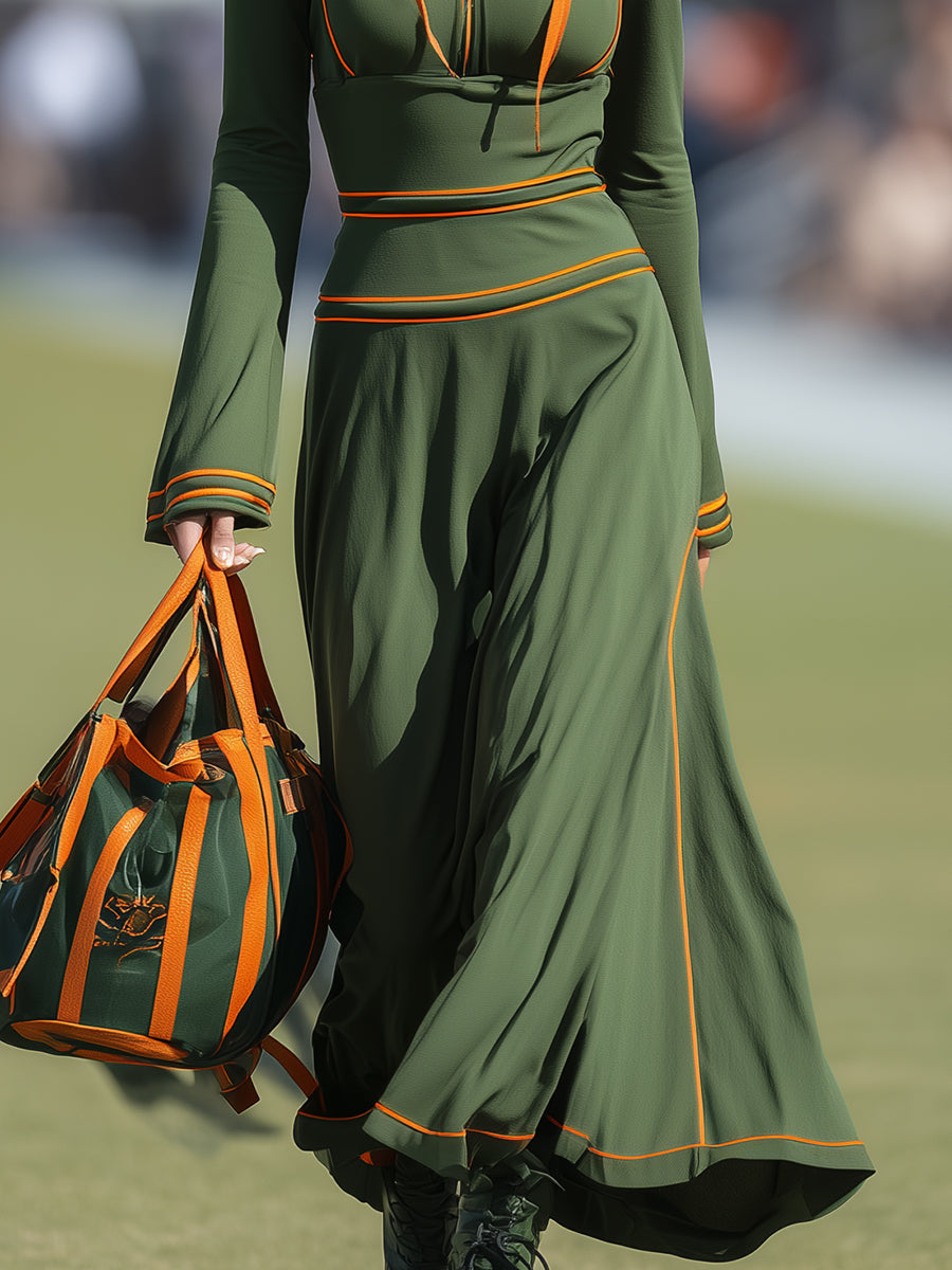 Stylish And Casual Orange-trimmed Green Hooded Sporty Maxi Dress
